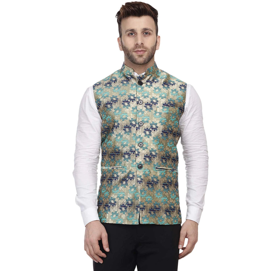 Luxe Sea Green Nehru Jacket | Art Silk with Banarasi Edge