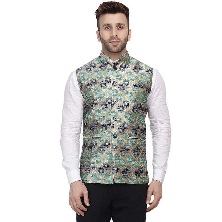 Luxe Sea Green Nehru Jacket | Art Silk with Banarasi Edge