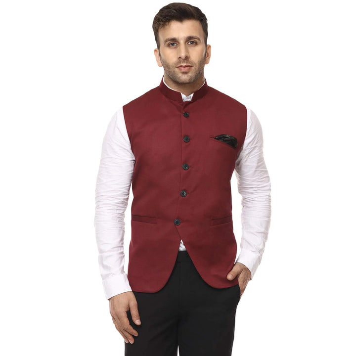 Men's Plain Maroon Jacket | Classic Cotton Blend Nehru Style