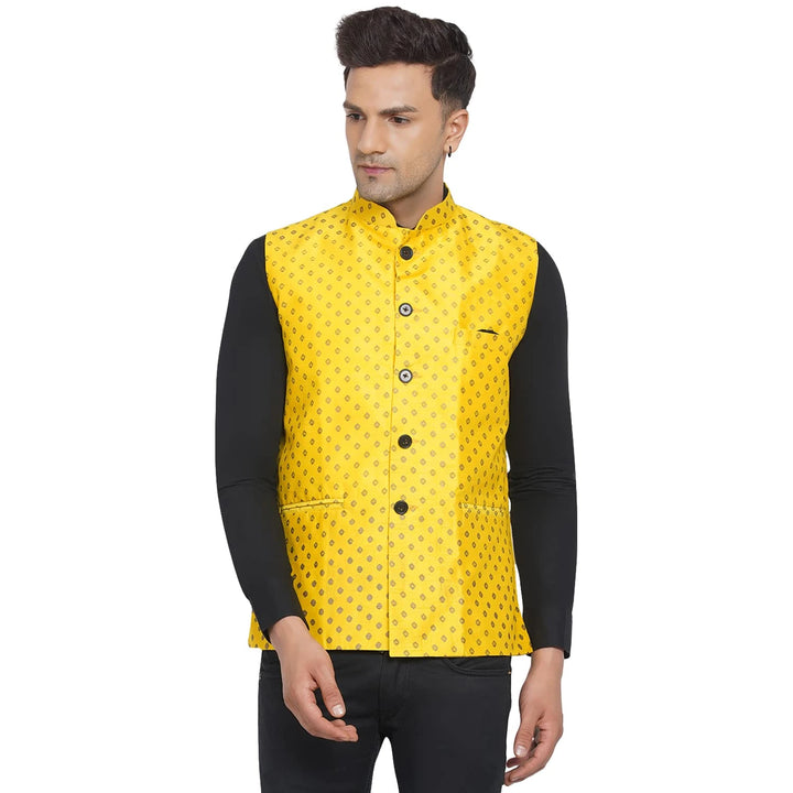Yellow Banarasi Nehru Jacket for Men | Designer Festive Wear