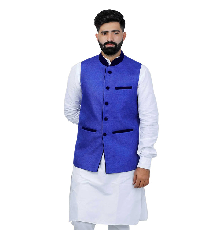 Premium Blue Nehru Jacket | Cotton Solid Festive Look