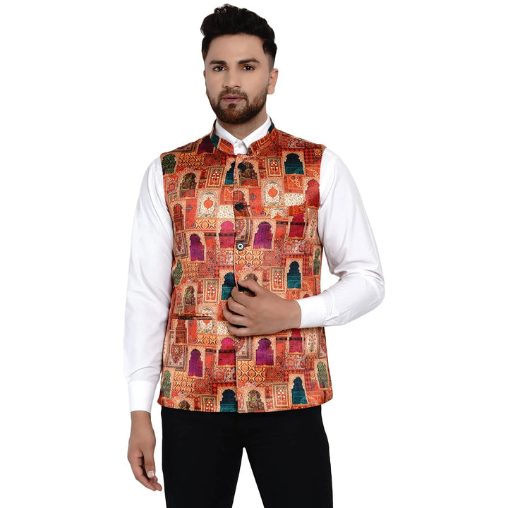 Timeless Multicolor Nehru | Men's Satin Jacket with Luxe Print