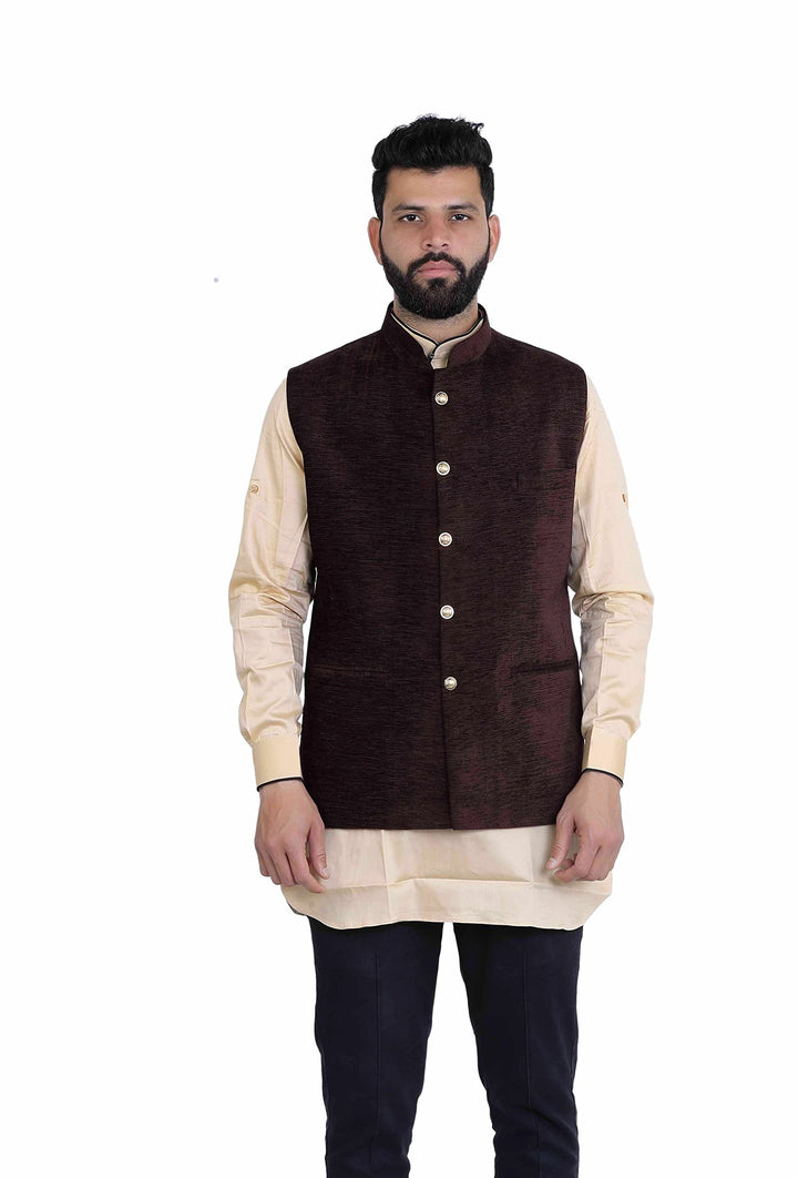 Classy Brown Festive Nehru Jacket | Solid Cotton Blend Style