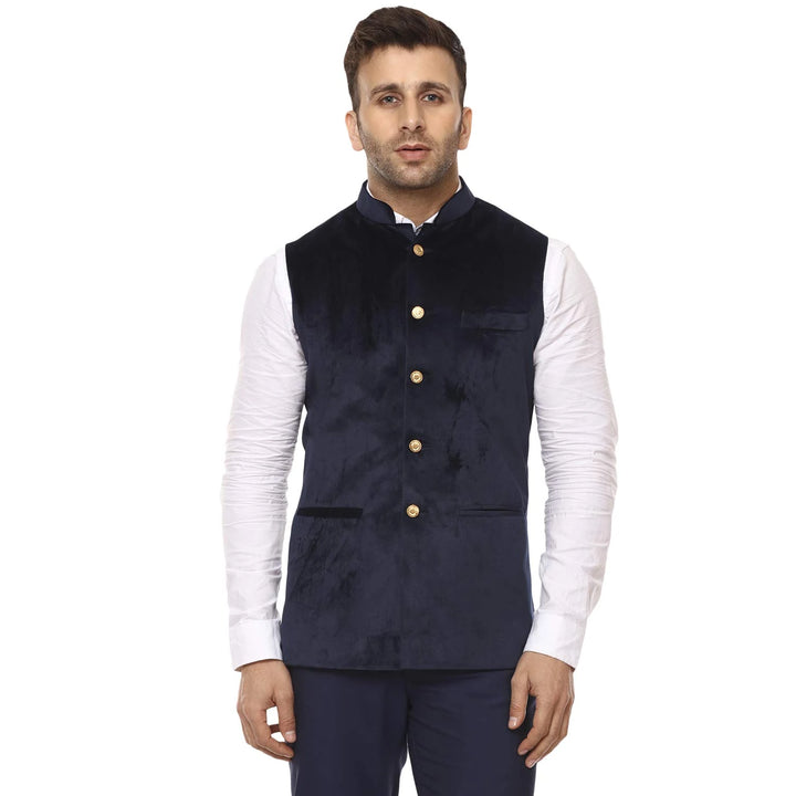 Ethnic Navy Nehru Jacket | Luxurious Velvet Finish for Men