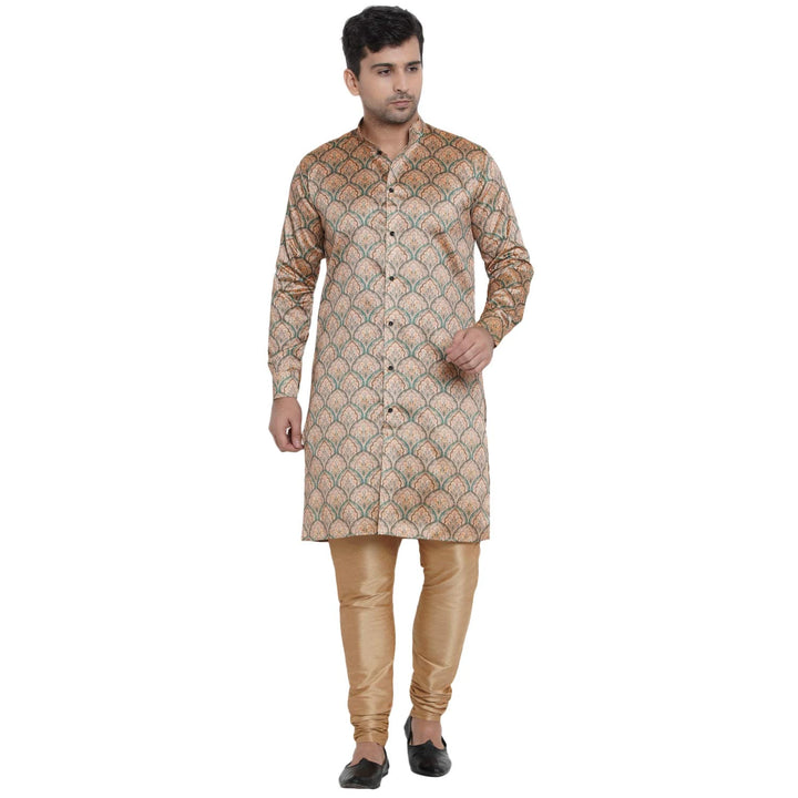 Traditional Beige Sherwani Kurta | Silk Multi Print Design