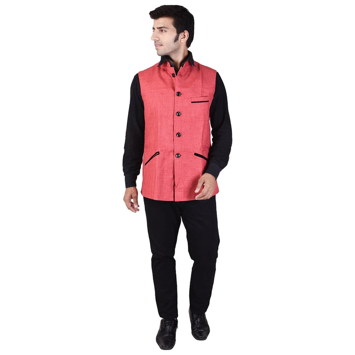 Designer Chinese Collar Nehru Jacket | Coral Pink Men's Fashion