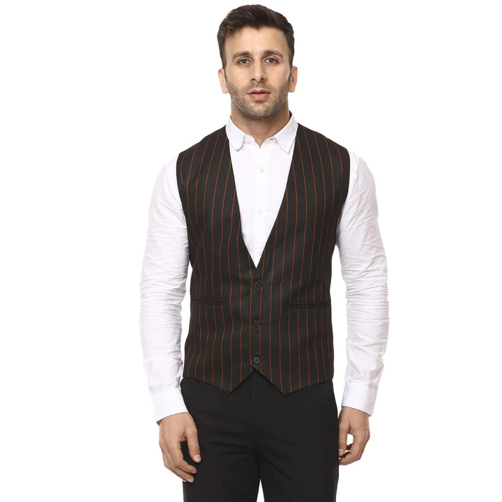 Men's Waist Coat in Black | Striped Poly Cotton Festive Wear