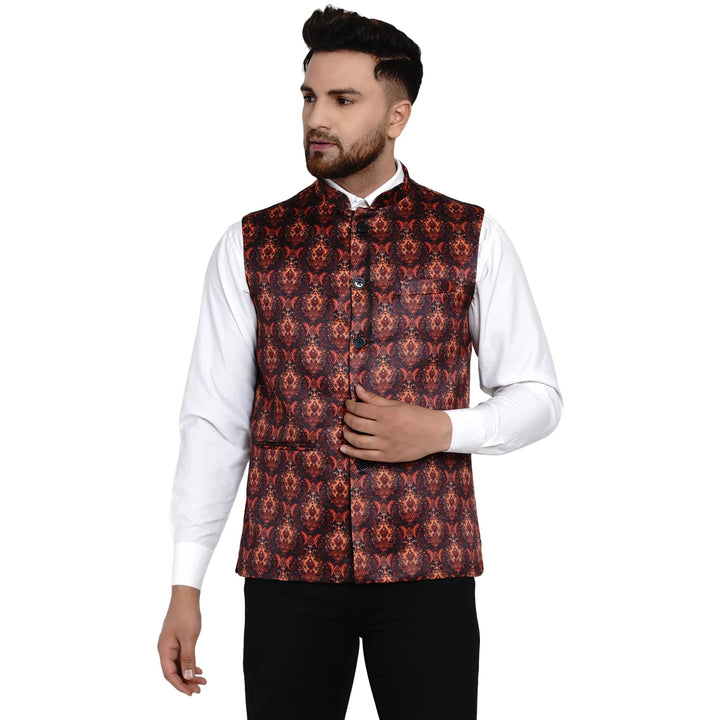 Designer Multi Print Nehru Jacket for Men | Brown Silk Blend