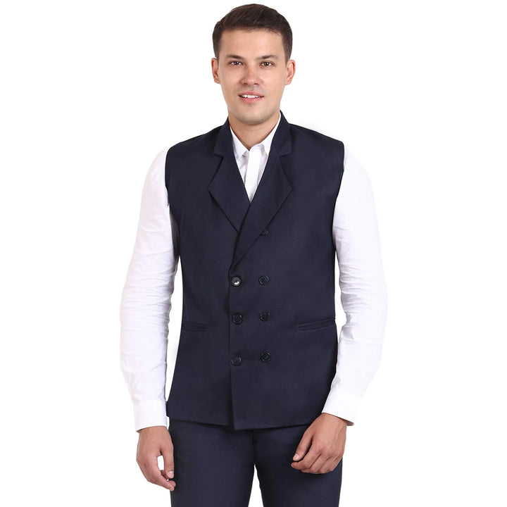 Navy Blue Designer Collar Waistcoat | Poly Cotton for Men