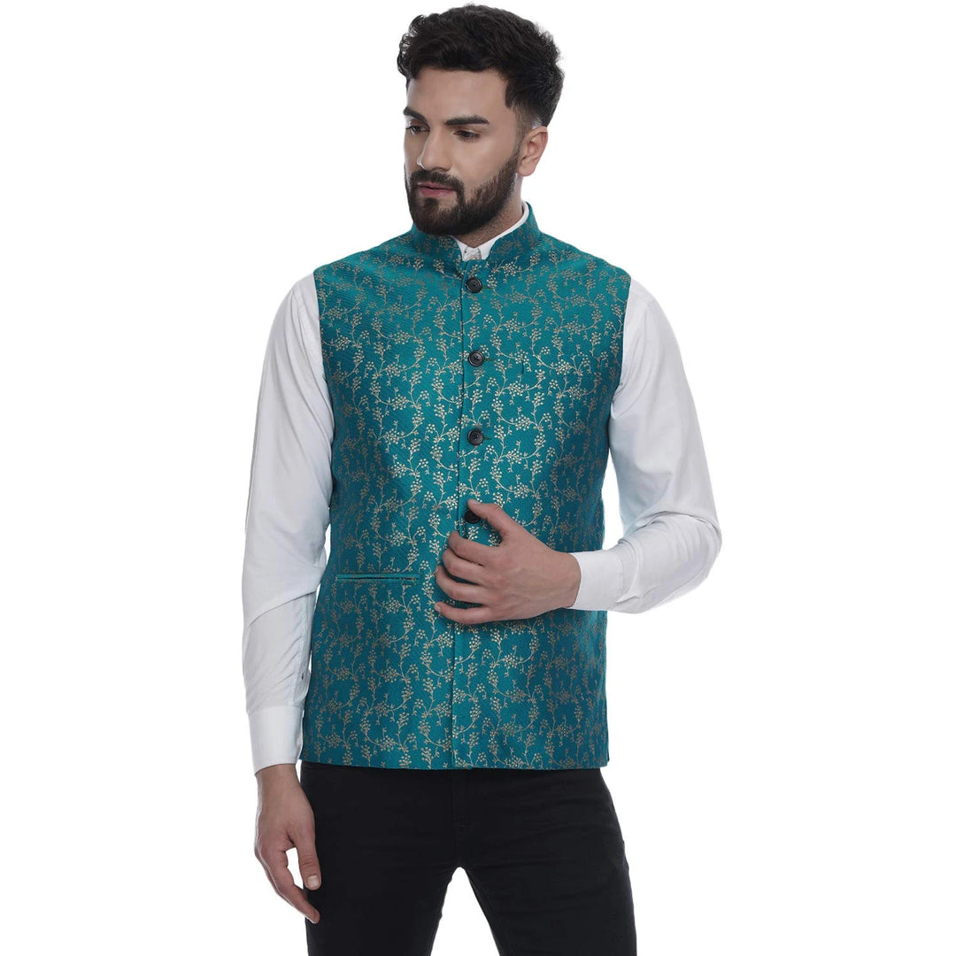 Stunning Traditional Rama Art Silk Jacket | Banarasi Print Nehru Style
