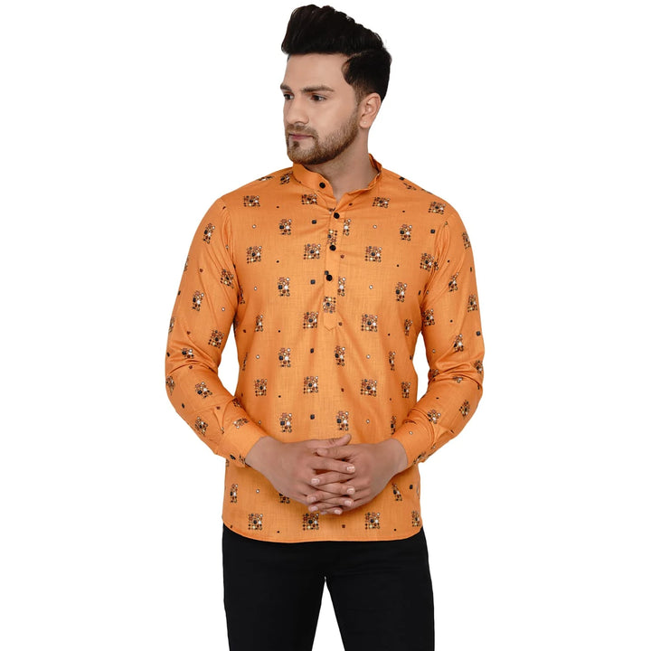 Vibrant Orange Cotton Kurta for Men | Ethnic Print Short Style