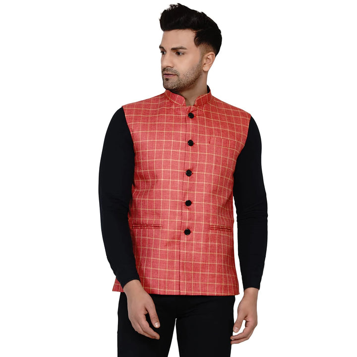 Checkered Jute Print Nehru Jacket | Cotton Ethnic Style for Men