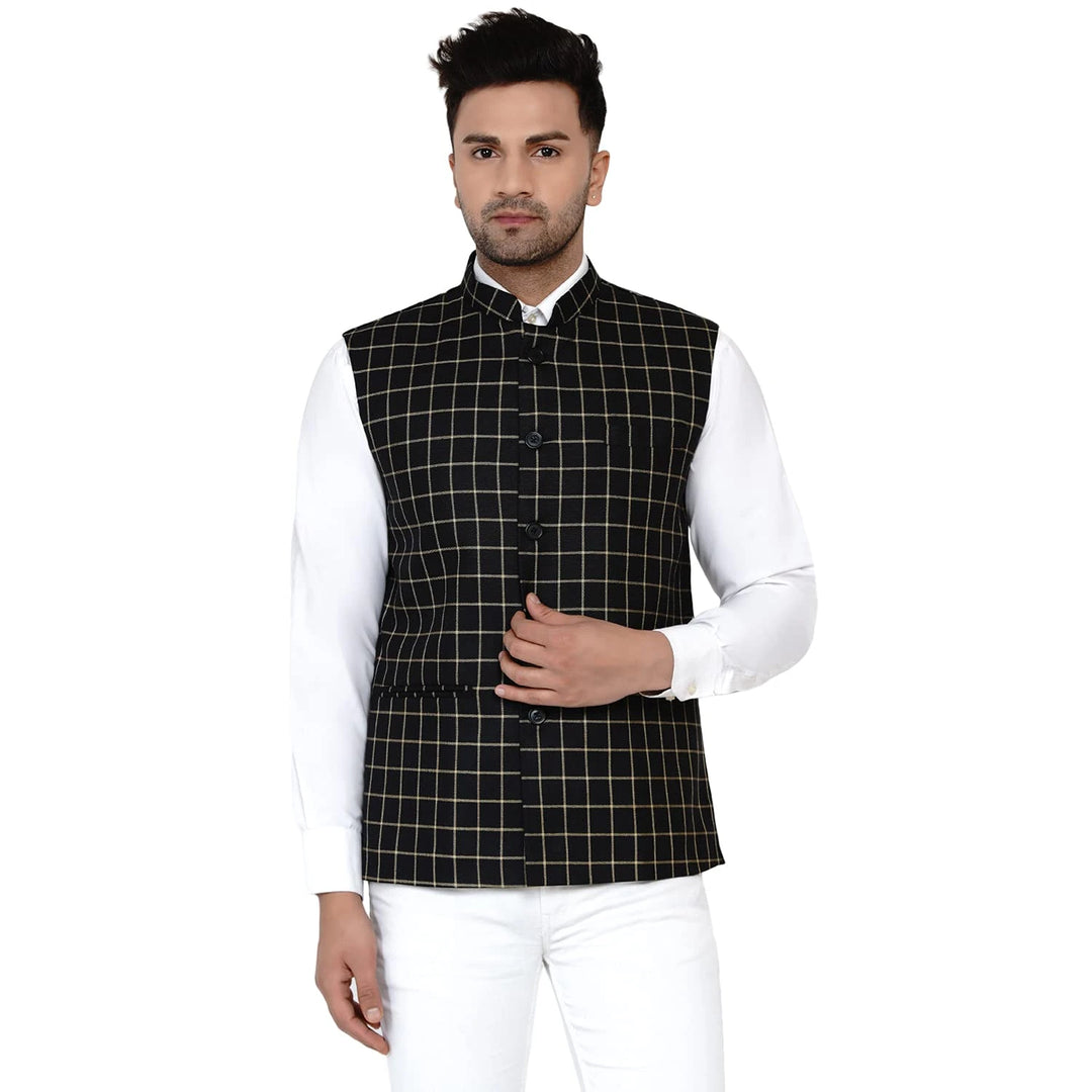 Checkered Jute Print Nehru Jacket | Cotton Ethnic Style for Men