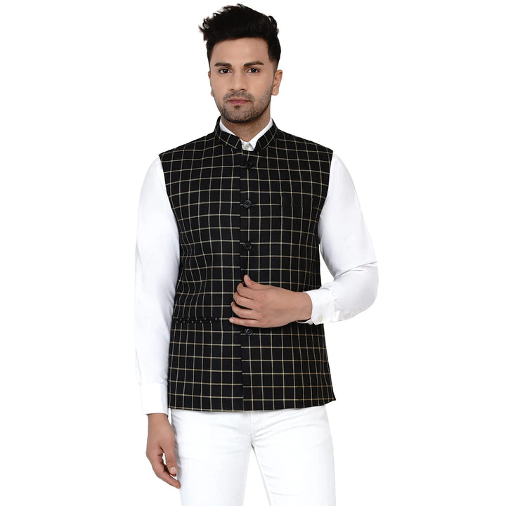 Checkered Jute Print Nehru Jacket | Cotton Ethnic Style for Men