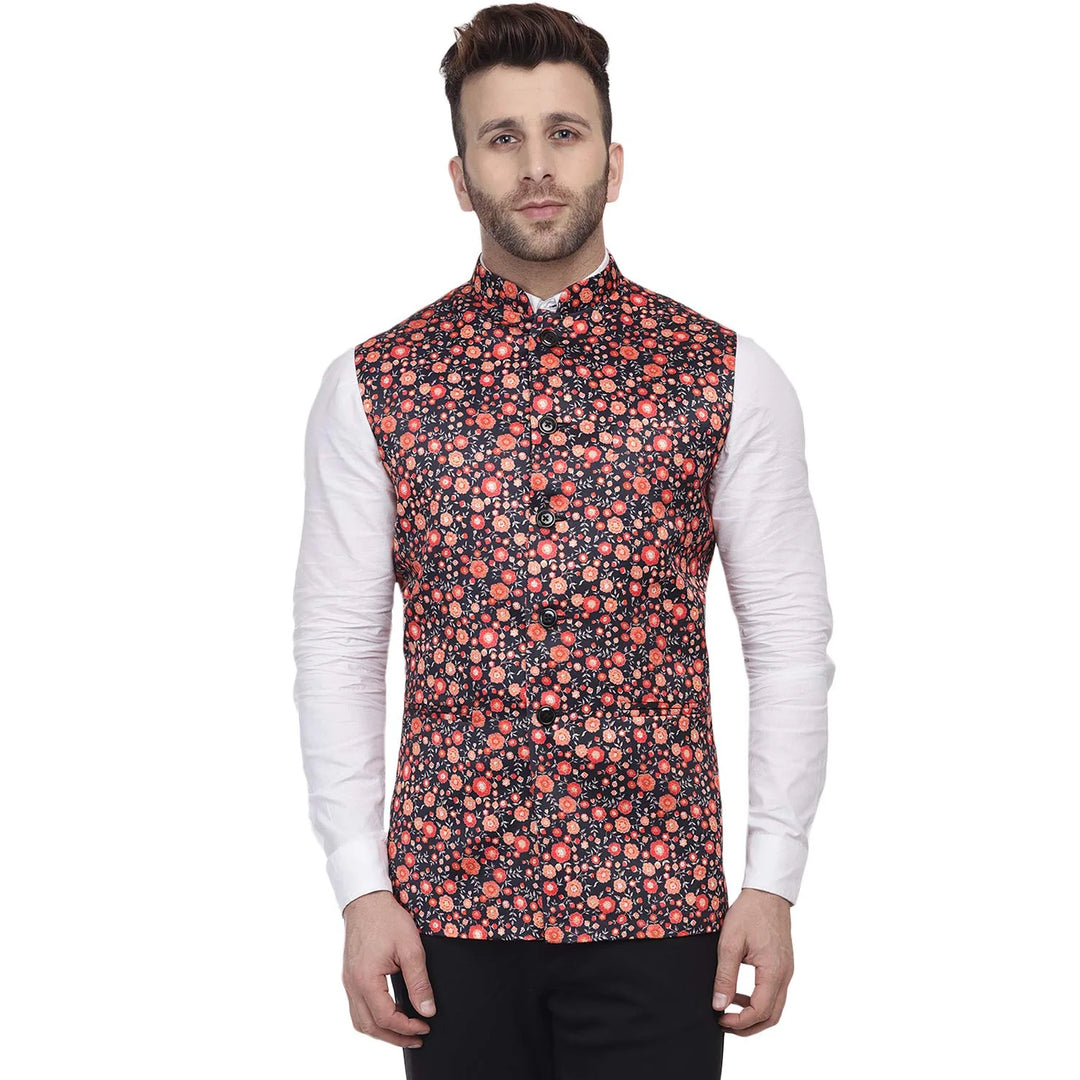 Multi-Colored Print Nehru Jacket | Black Silk Blend Party Style