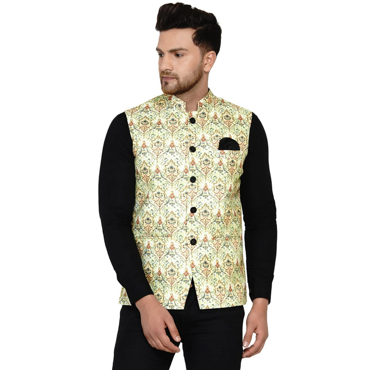 Pista Green Printed Cotton Nehru Jacket for Men |  for Weddings
