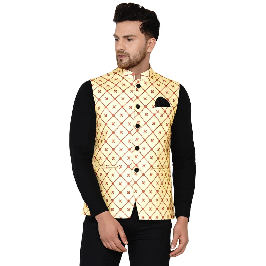Yellow Cotton Nehru Jacket for Men | Printed Sleeveless Jacket