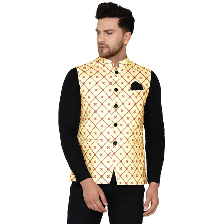 Yellow Cotton Nehru Jacket for Men | Printed Sleeveless Jacket
