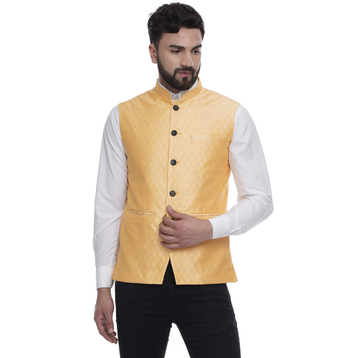 Regal Radiance in Silk | Men’s Jacquard Printed Nehru Jacket