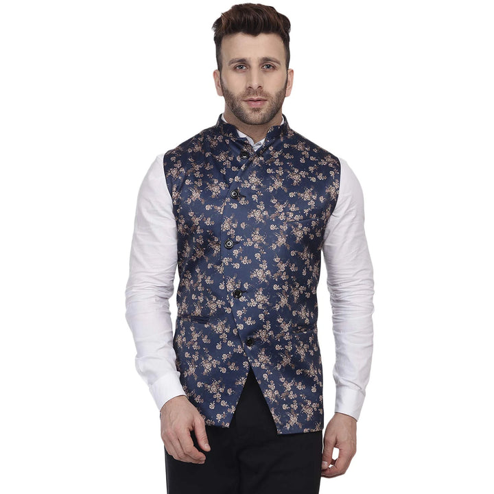 Artful Navy Nehru Jacket | Printed Silk Blend for Weddings