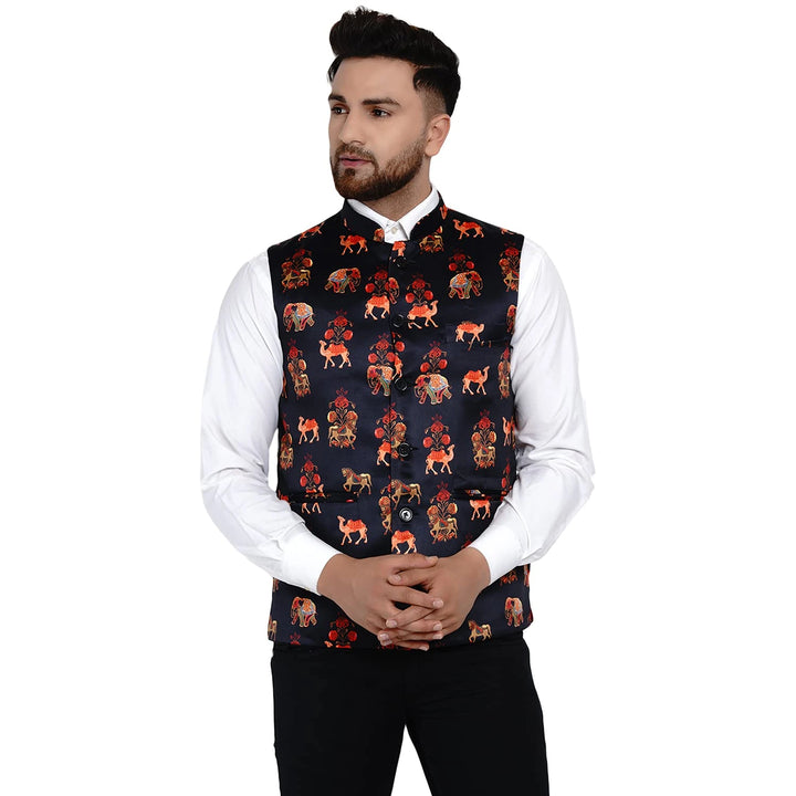 Black Satin Nehru Jacket | Elegant Elephant Print Design