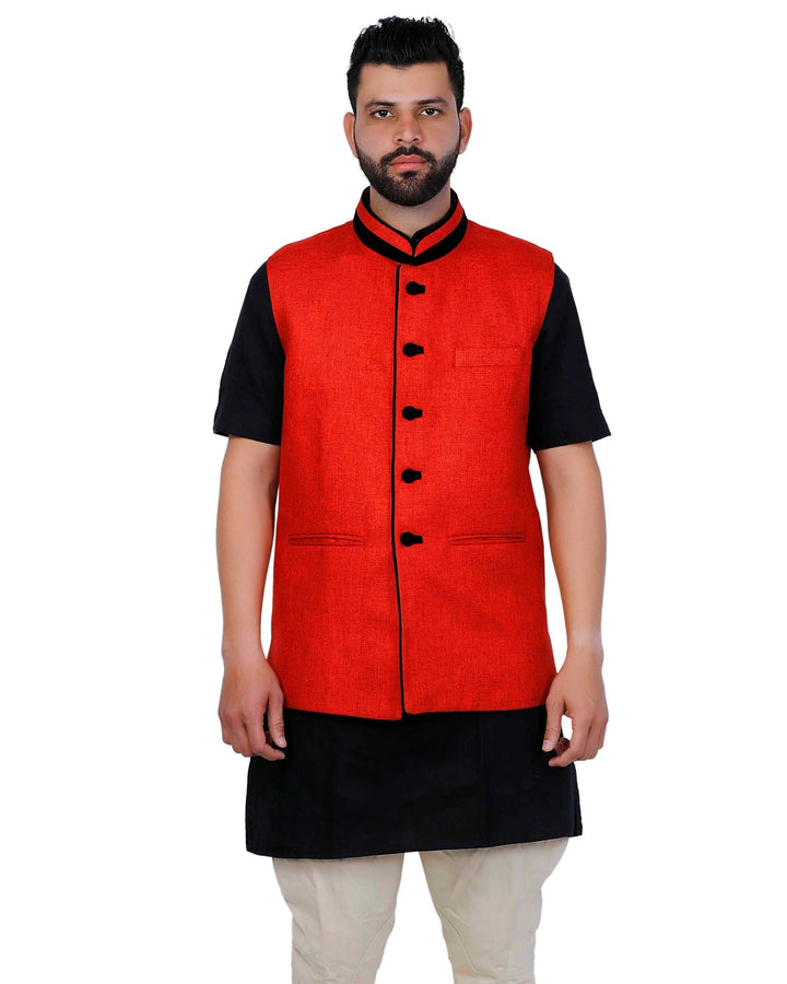 Bold Red Cotton Jacket | Jute Style Nehru Jacket for Events