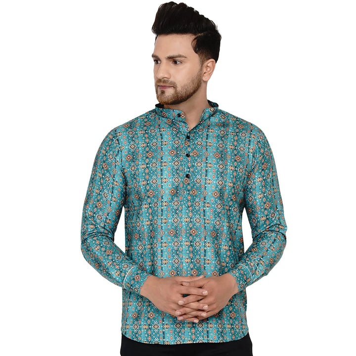 Green Cotton Printed Short Kurta for Men | Stylish Ethnic Wear