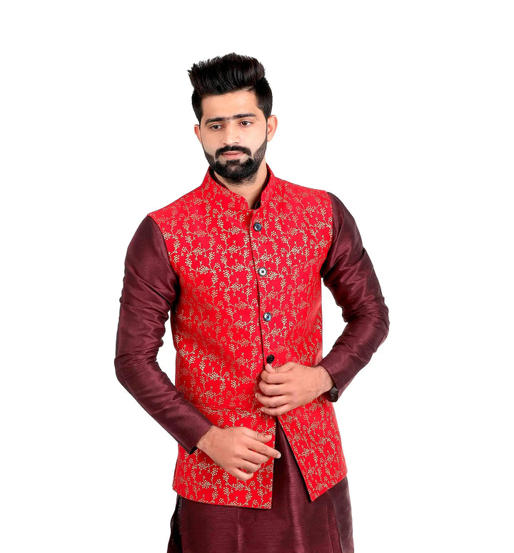 Elegant  Red Banarasi Print Nehru Jacket for Men | Wedding & Festive Look