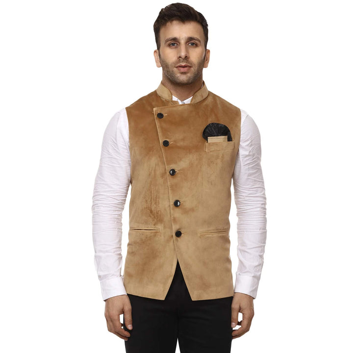 Beige Velvet Nehru Jacket | Designer Chinese Collar Style