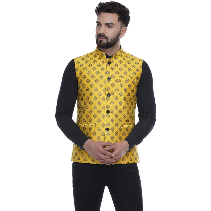 Bright Yellow Silk Nehru Jacket | Jacquard Print for Festive Style