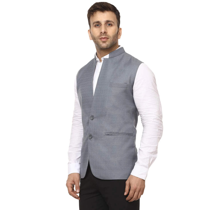 Light Gray Waist Coat for Men | Sleeveless Cotton Poly Mandarin Style