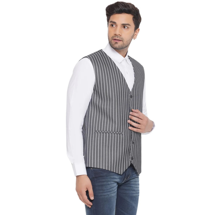 White Striped Waistcoat for Men | Cotton Poly Formal & Casual Wear