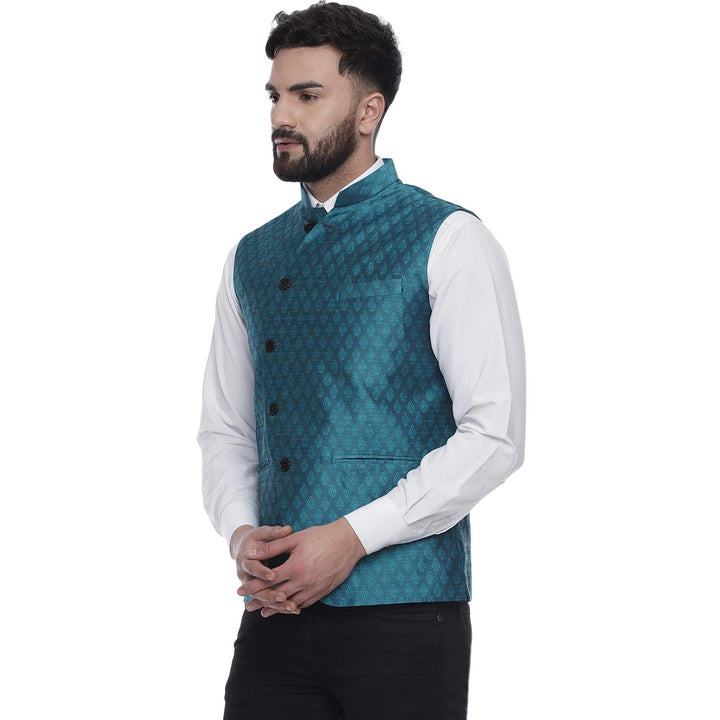 Luxury Jacquard Printed Jacket | Teal Blue Art Silk Nehru Look