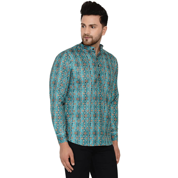 Green Cotton Printed Short Kurta for Men | Stylish Ethnic Wear