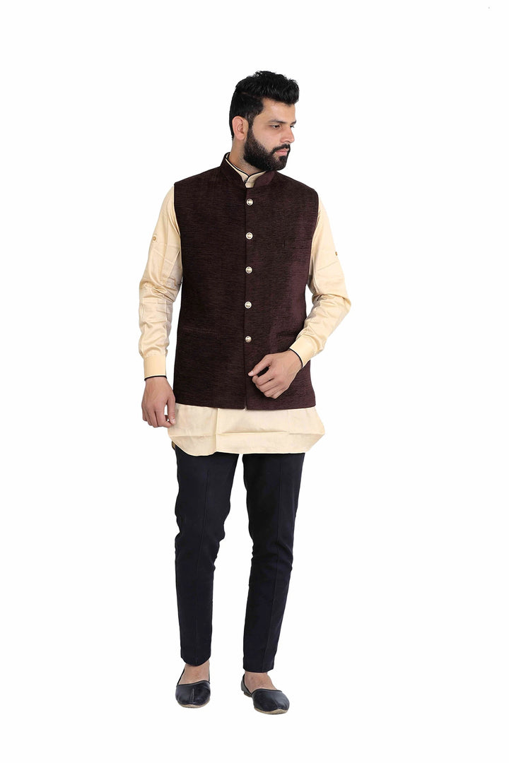 Classy Brown Festive Nehru Jacket | Solid Cotton Blend Style