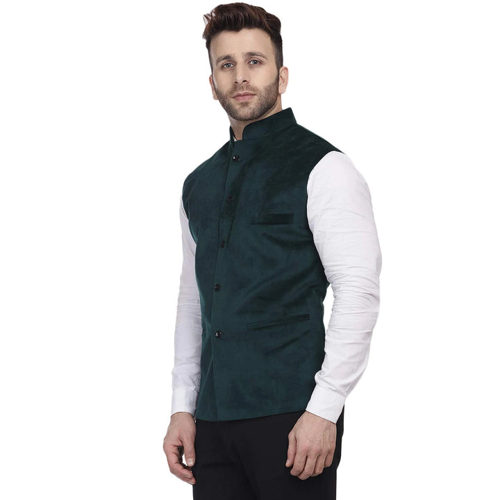 Regal Velvet Nehru Jacket | Bottle Green Chinese Collar Elegance