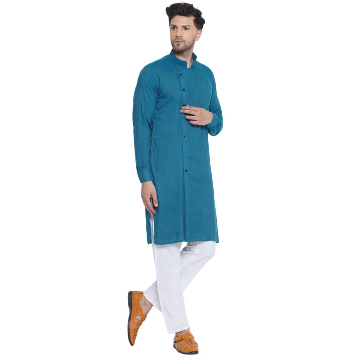 Viscose Rayon Solid Kurta | Teal Blue Men’s Long Festive Wear