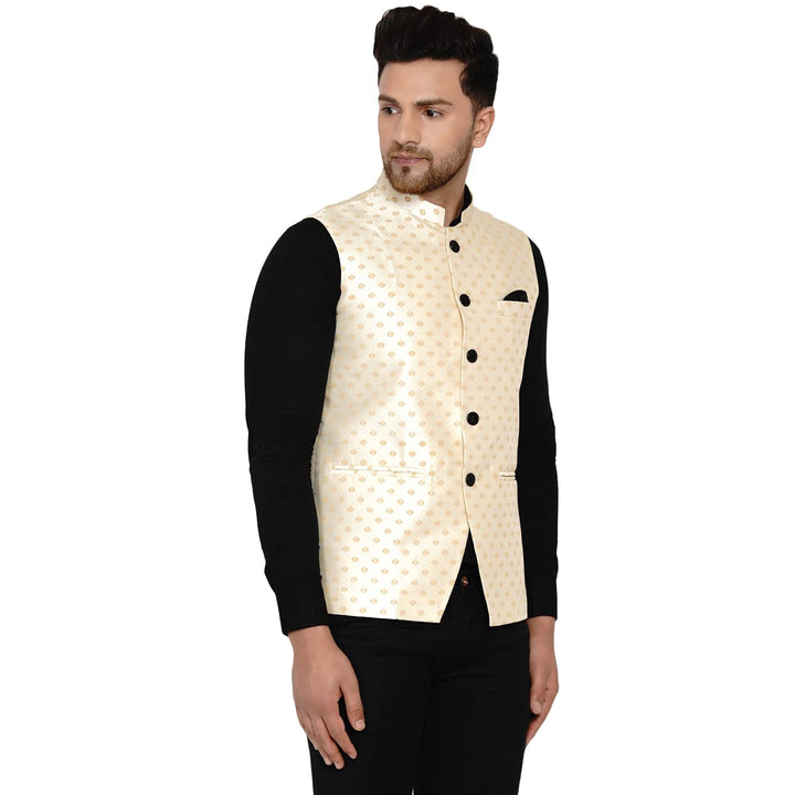Luxe Beige Banarasi Jacket | Printed Art Silk for Modern Royals