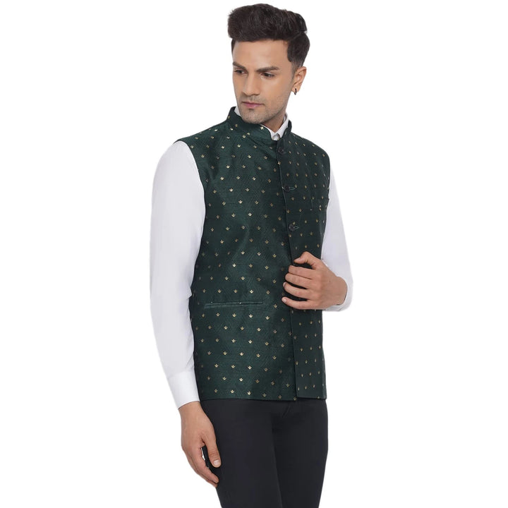 Dark Green Nehru Jacket for Men | Elegant Jacquard Printed Style