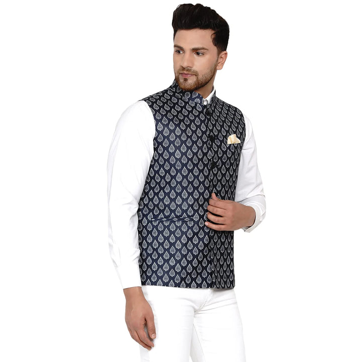 Navy Blue Cotton Nehru Jacket for Men | Printed Festive Ethnic Wear