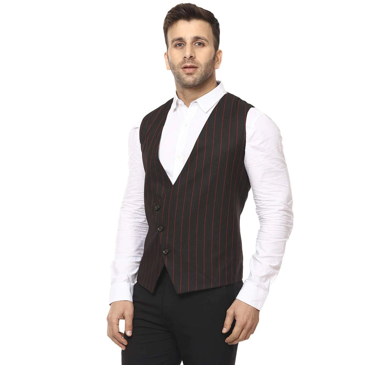 Black Striped Waist Coat | Round Neck Cotton Poly for Men
