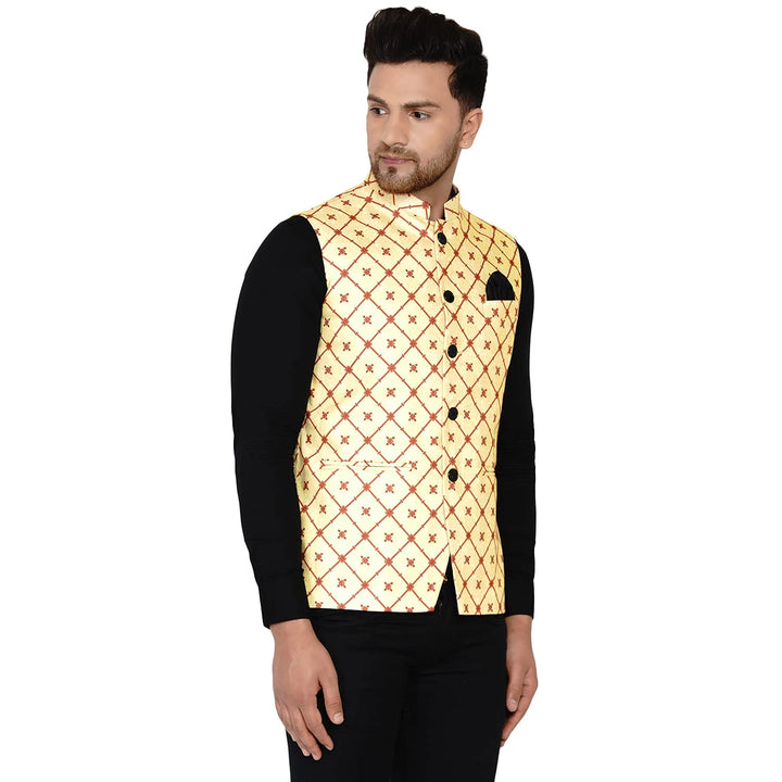 Yellow Cotton Nehru Jacket for Men | Printed Sleeveless Jacket
