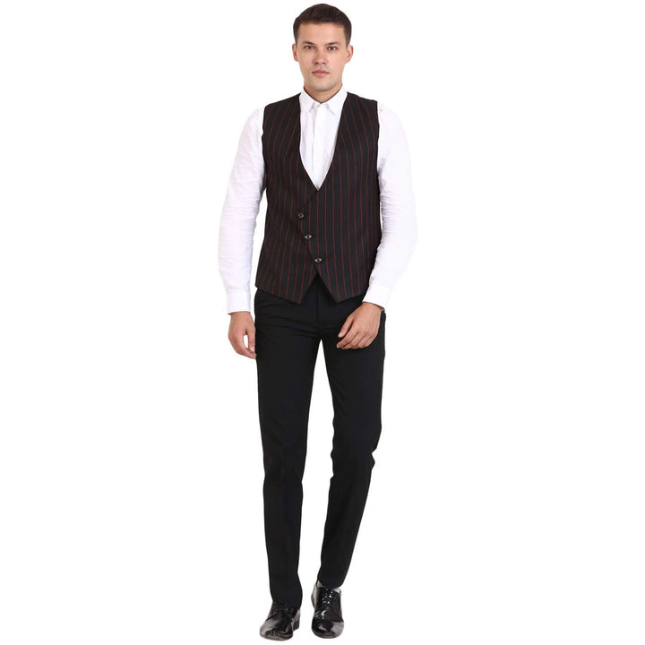 Men’s Black Striped Cotton Waist Coat | Smart Fit with Pockets