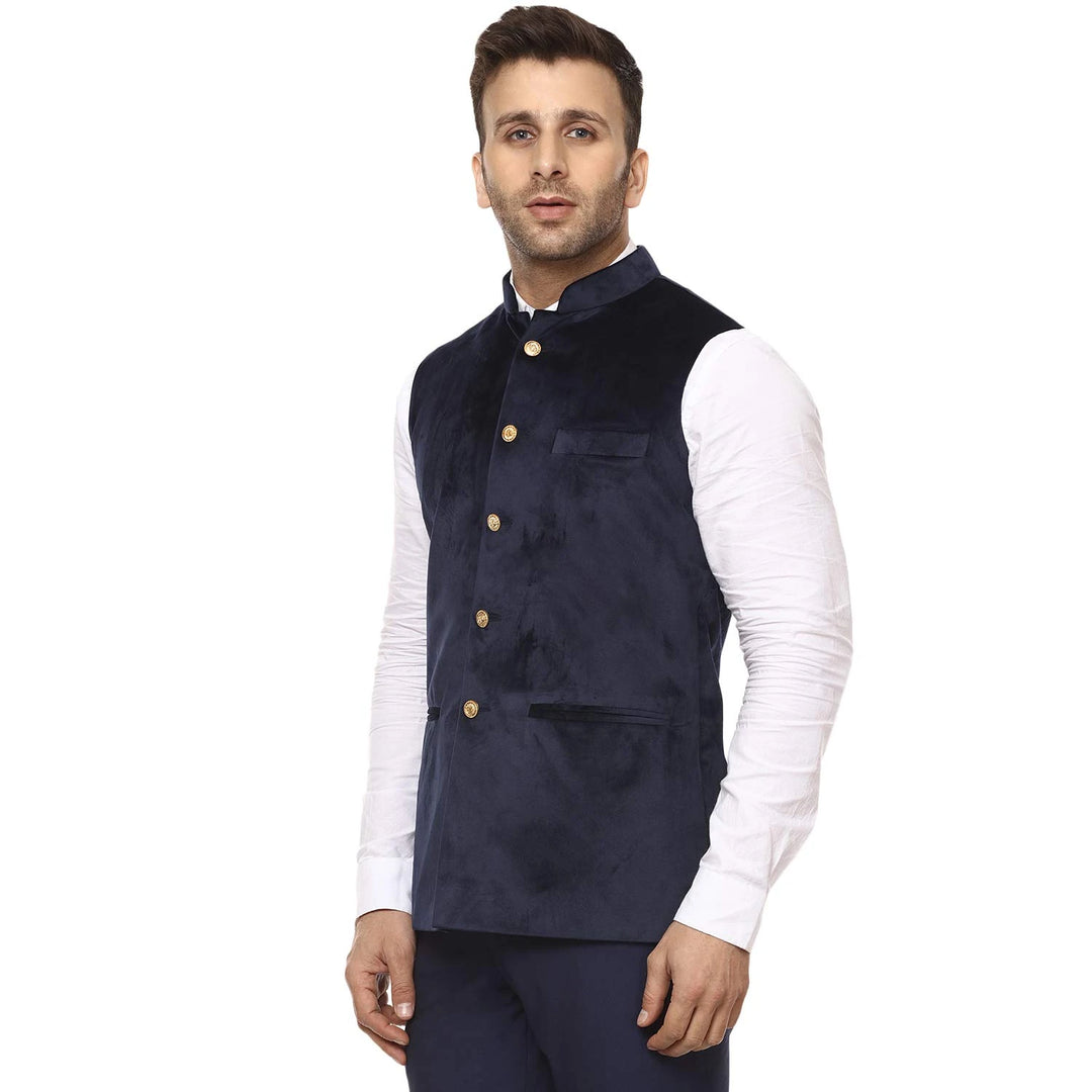 Ethnic Navy Nehru Jacket | Luxurious Velvet Finish for Men