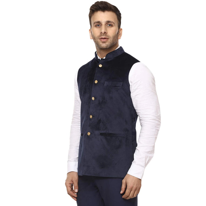 Ethnic Navy Nehru Jacket | Luxurious Velvet Finish for Men