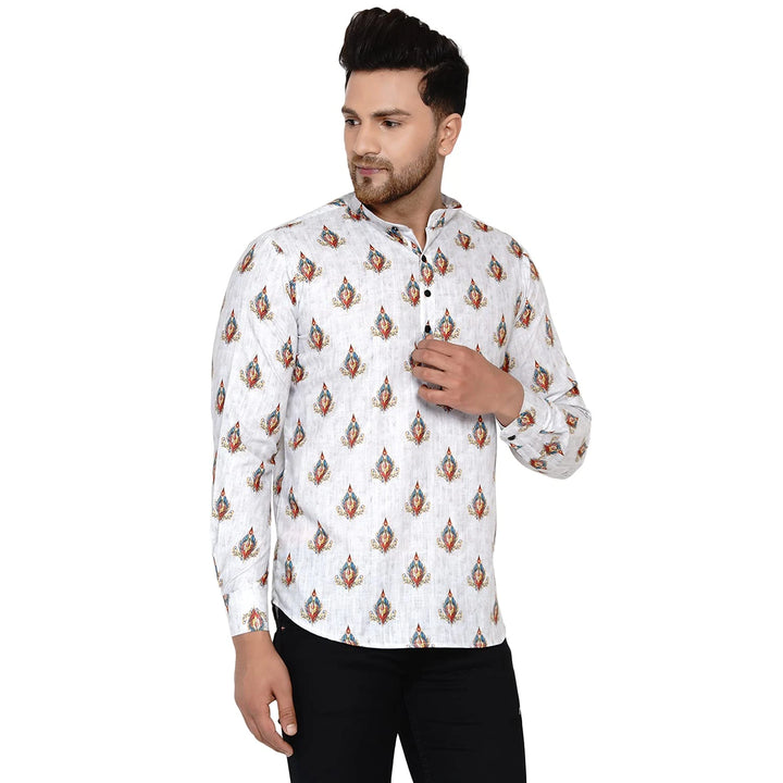 Summer Cotton Short Kurta for Men | White Printed Charm