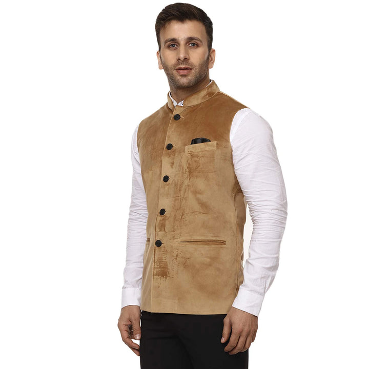 Velvet Solid Beige Nehru Jacket | Traditional Men's Festive Wear