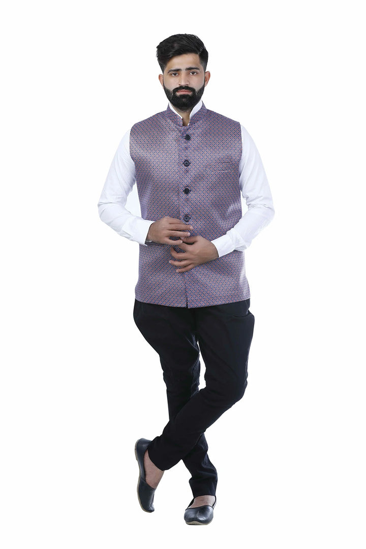 Purple Printed Nehru Jacket | Classy Art Silk Festive Look