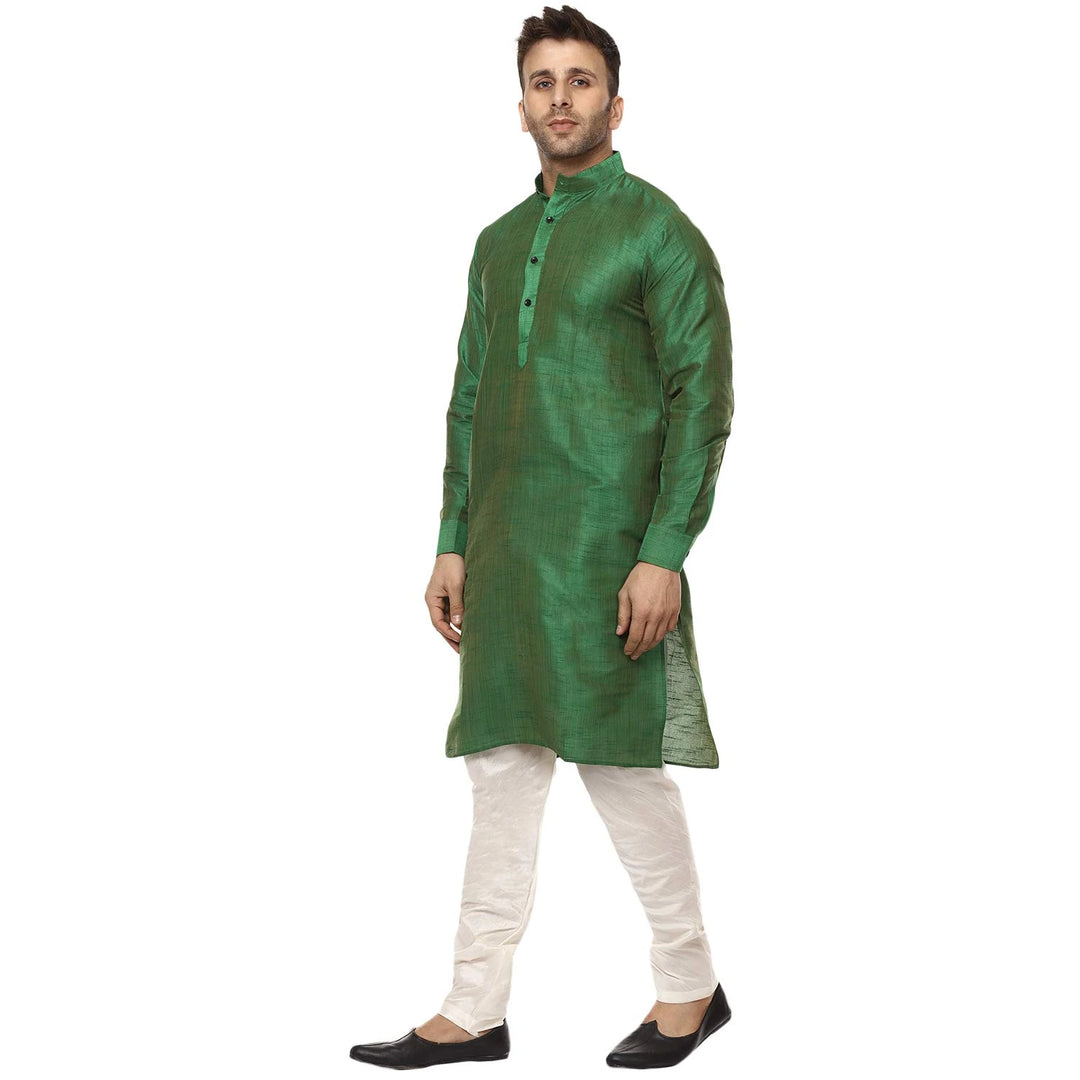 Green Ethnic Kurta Set for Men | Classic Plain Raw Silk Look