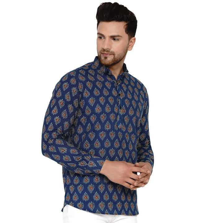 Trendy Printed Kurta for Men | Navy Cotton Short Kurta